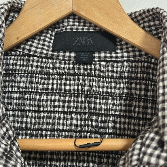 Zara Gingham Crop Shirt brown ruched shirred size large - Picture 5 of 7